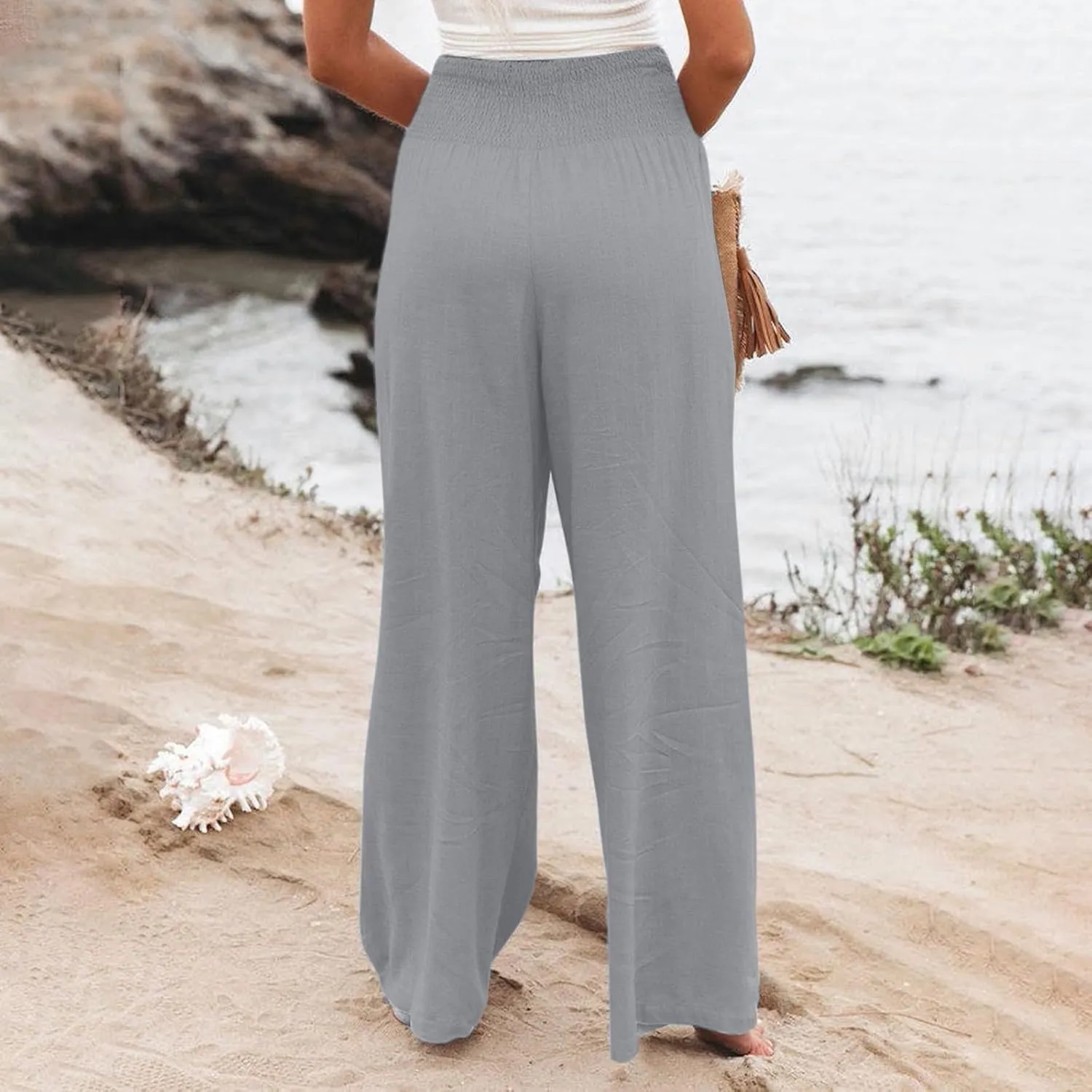 Cotton Linen Pants for Women Loose Summer Elastic Ruched Palazzo Pants 2025 High Rise Beach Solid Pockets Outfit Flowy