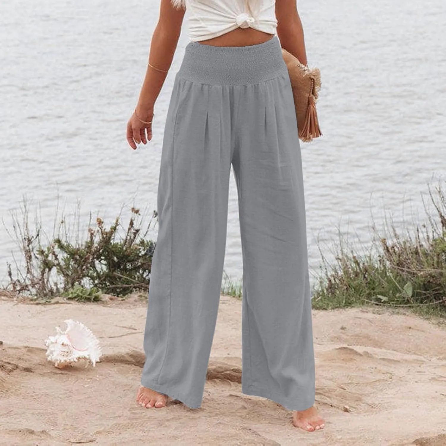 Cotton Linen Pants for Women Loose Summer Elastic Ruched Palazzo Pants 2025 High Rise Beach Solid Pockets Outfit Flowy