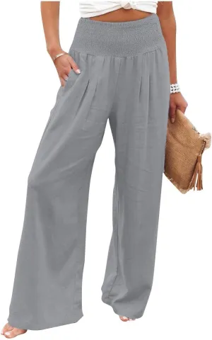Cotton Linen Pants for Women Loose Summer Elastic Ruched Palazzo Pants 2025 High Rise Beach Solid Pockets Outfit Flowy