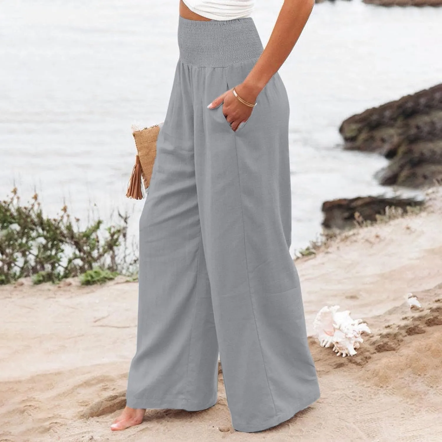 Cotton Linen Pants for Women Loose Summer Elastic Ruched Palazzo Pants 2025 High Rise Beach Solid Pockets Outfit Flowy