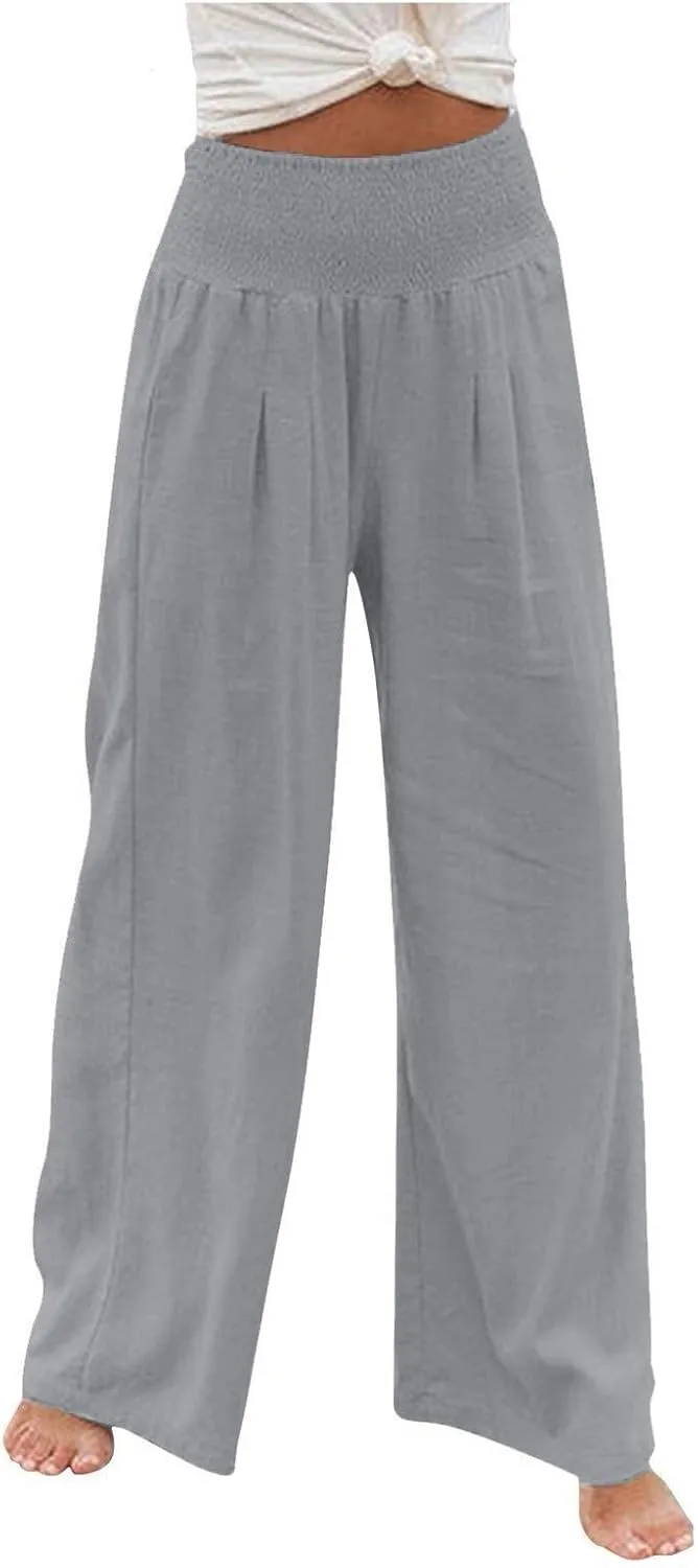 Cotton Linen Pants for Women Loose Summer Elastic Ruched Palazzo Pants 2025 High Rise Beach Solid Pockets Outfit Flowy