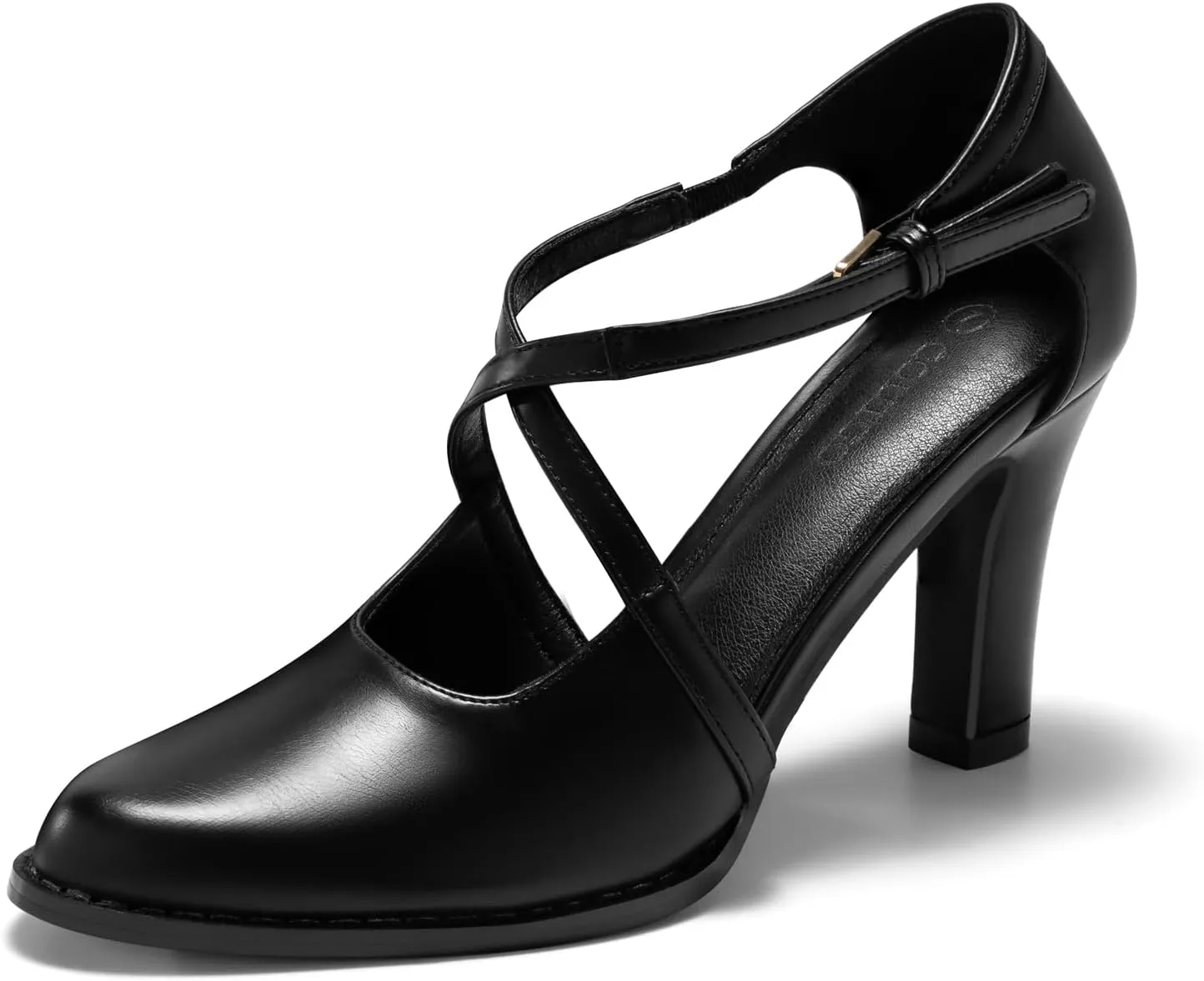 Coutgo Womens Chunky High Heels Dress Shoes Closed Pointed Toe Cross Strap Buckle Pumps Vintage D'Orsay Party Shoes