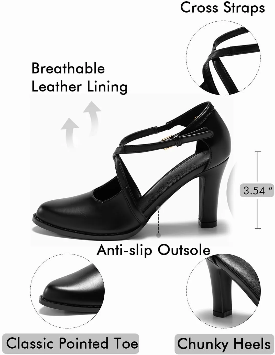 Coutgo Womens Chunky High Heels Dress Shoes Closed Pointed Toe Cross Strap Buckle Pumps Vintage D'Orsay Party Shoes