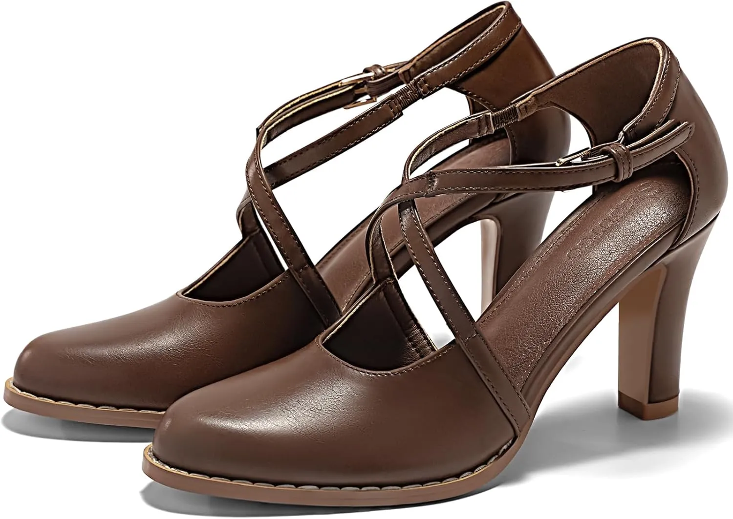 Coutgo Womens Chunky High Heels Dress Shoes Closed Pointed Toe Cross Strap Buckle Pumps Vintage D'Orsay Party Shoes