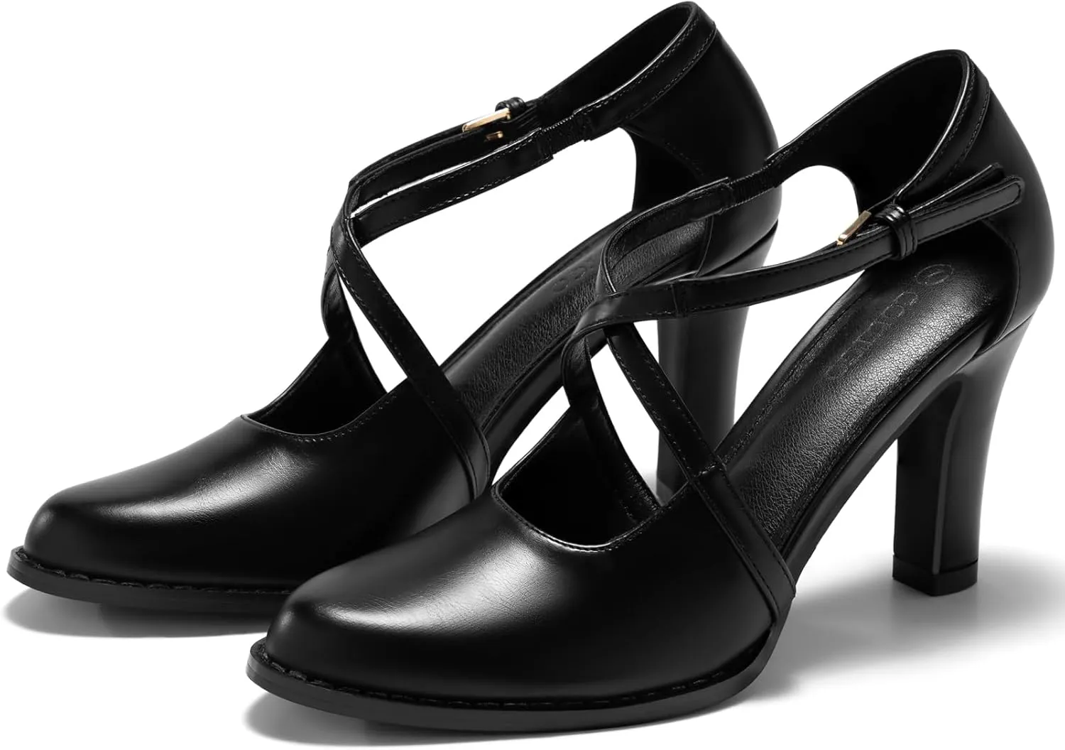 Coutgo Womens Chunky High Heels Dress Shoes Closed Pointed Toe Cross Strap Buckle Pumps Vintage D'Orsay Party Shoes