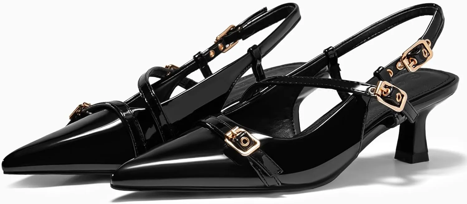 Coutgo Womens Slingback Kitten Heels Low Heel Closed Pointed Toe Pumps Buckle Strap Heeled Sandals Shoes