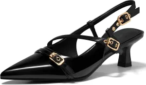 Coutgo Womens Slingback Kitten Heels Low Heel Closed Pointed Toe Pumps Buckle Strap Heeled Sandals Shoes