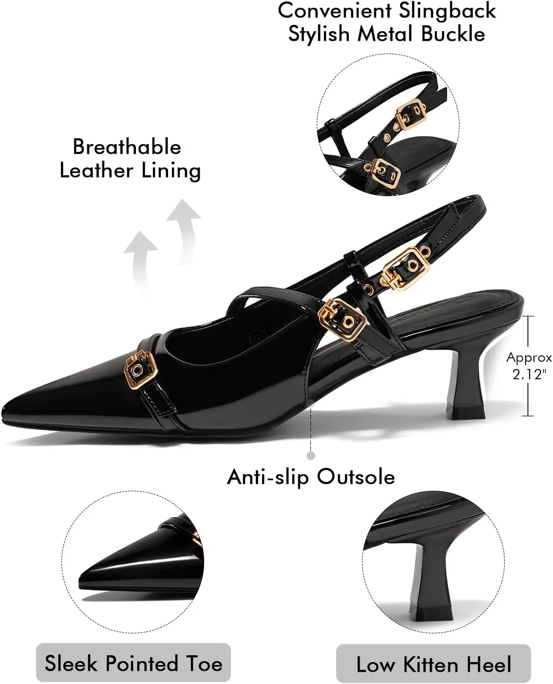 Coutgo Womens Slingback Kitten Heels Low Heel Closed Pointed Toe Pumps Buckle Strap Heeled Sandals Shoes