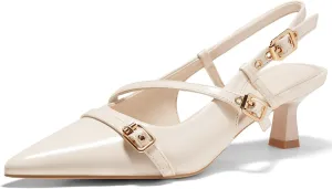 Coutgo Womens Slingback Kitten Heels Low Heel Closed Pointed Toe Pumps Buckle Strap Heeled Sandals Shoes