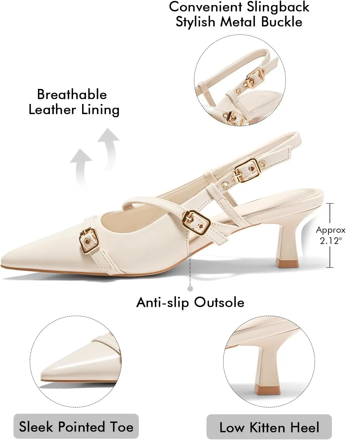 Coutgo Womens Slingback Kitten Heels Low Heel Closed Pointed Toe Pumps Buckle Strap Heeled Sandals Shoes