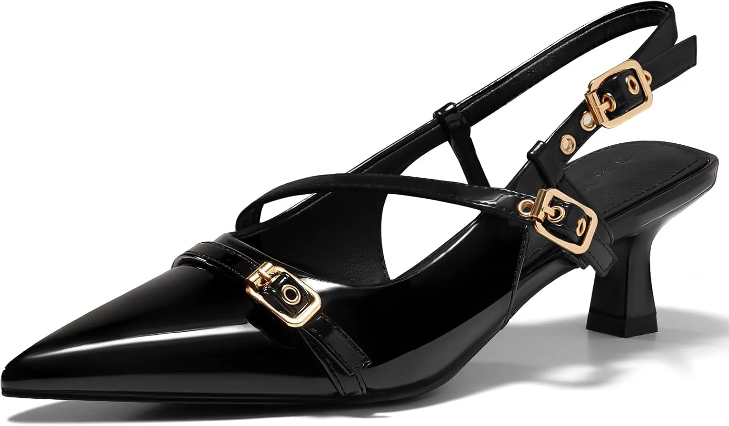 Coutgo Womens Slingback Kitten Heels Low Heel Closed Pointed Toe Pumps Buckle Strap Heeled Sandals Shoes