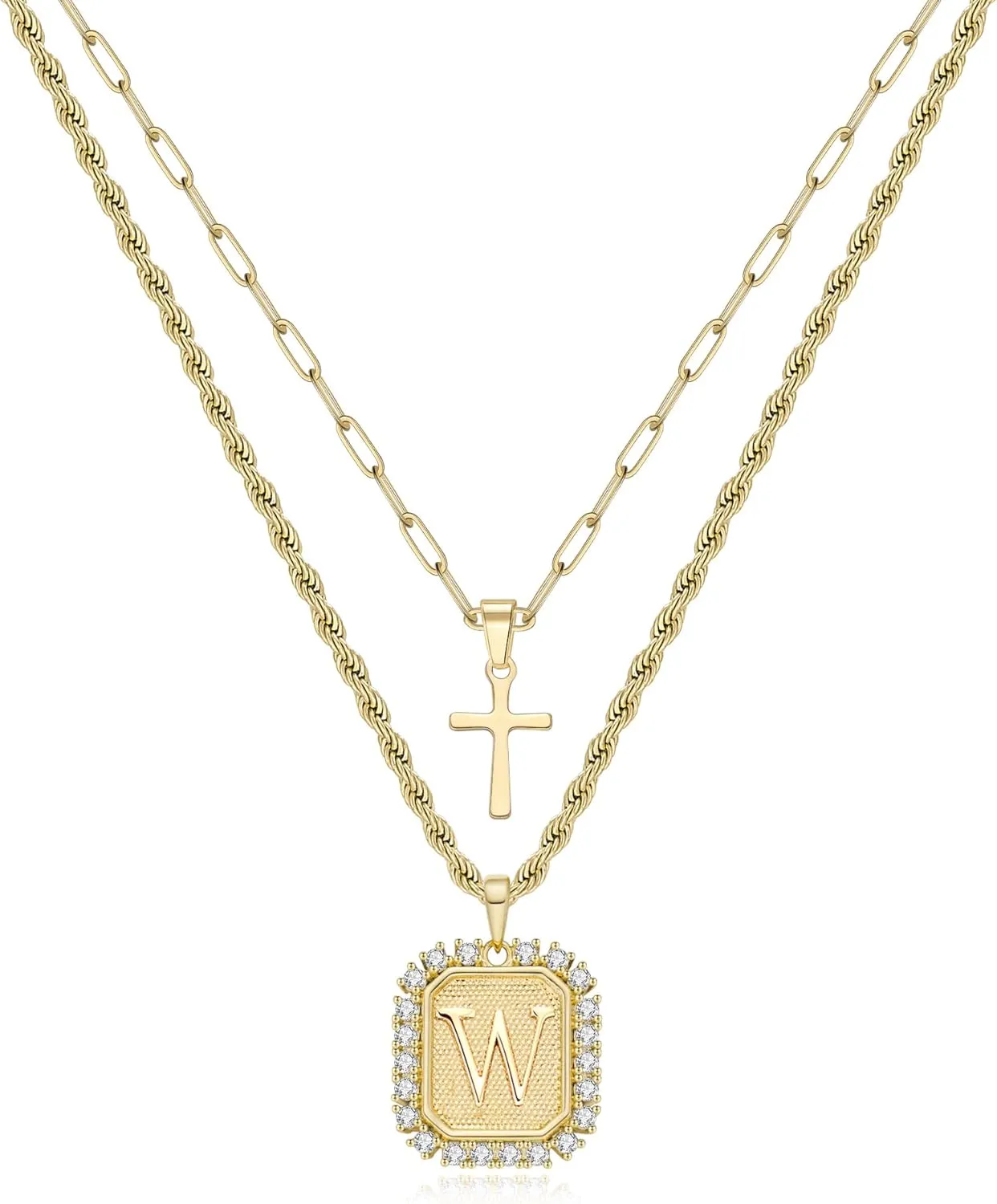 Cross Necklace for Women Layered Gold Necklaces Square Initial Pendant Layering Rope Chain Birthday Gifts for Teen Girls