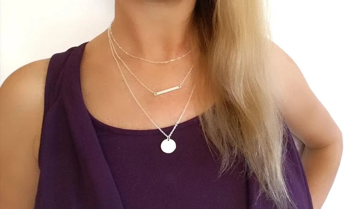 Custom Dainty Layered Gold Name Choker Necklace Personalized Silver Nameplate Handmade Disc Bar Heart Letters Pendant Adjustable Chain Jewelry Gift for Women Bridesmaid