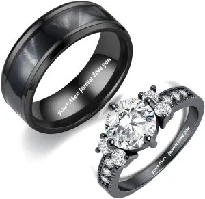 Custom Engraved Couple Rings Set Promise Rings for Him and Her Red and Black Matching Wedding Rings for Couples Engagement Rings Sets Tungsten Engraved Ring Red Ruby Rings for Women,with Box