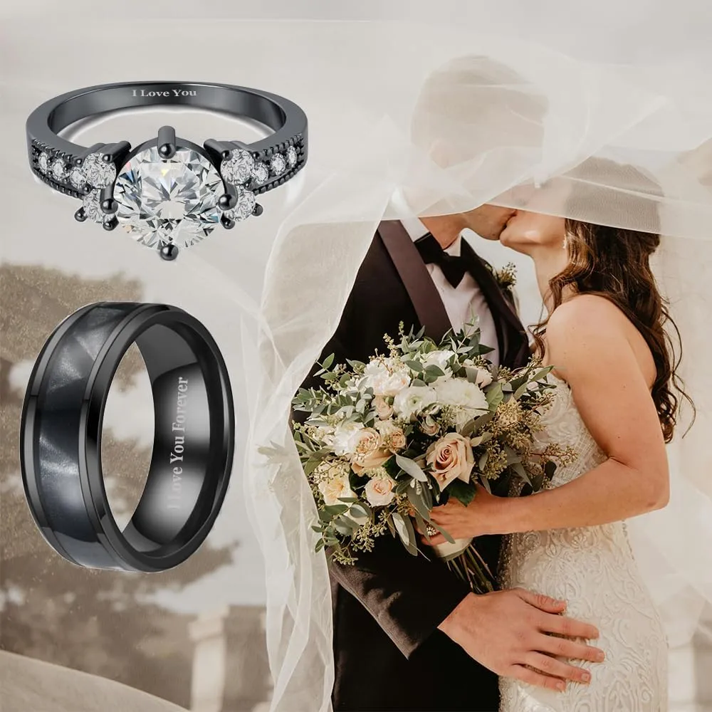 Custom Engraved Couple Rings Set Promise Rings for Him and Her Red and Black Matching Wedding Rings for Couples Engagement Rings Sets Tungsten Engraved Ring Red Ruby Rings for Women,with Box