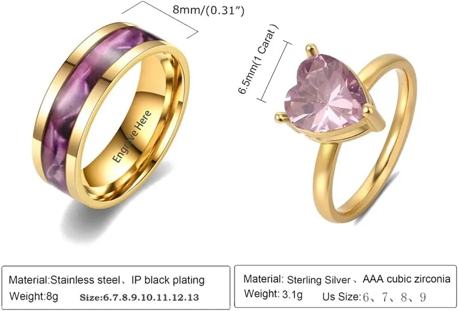 Custom Engraved Rings for Couples Promise Rings Set Gold Wedding Rings Set for Him and Her Matching Engagement Rings for Couples Heart Birthstone Rings for Women Mens Wedding Band Tungsten Blue