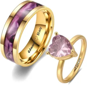Custom Engraved Rings for Couples Promise Rings Set Gold Wedding Rings Set for Him and Her Matching Engagement Rings for Couples Heart Birthstone Rings for Women Mens Wedding Band Tungsten Blue