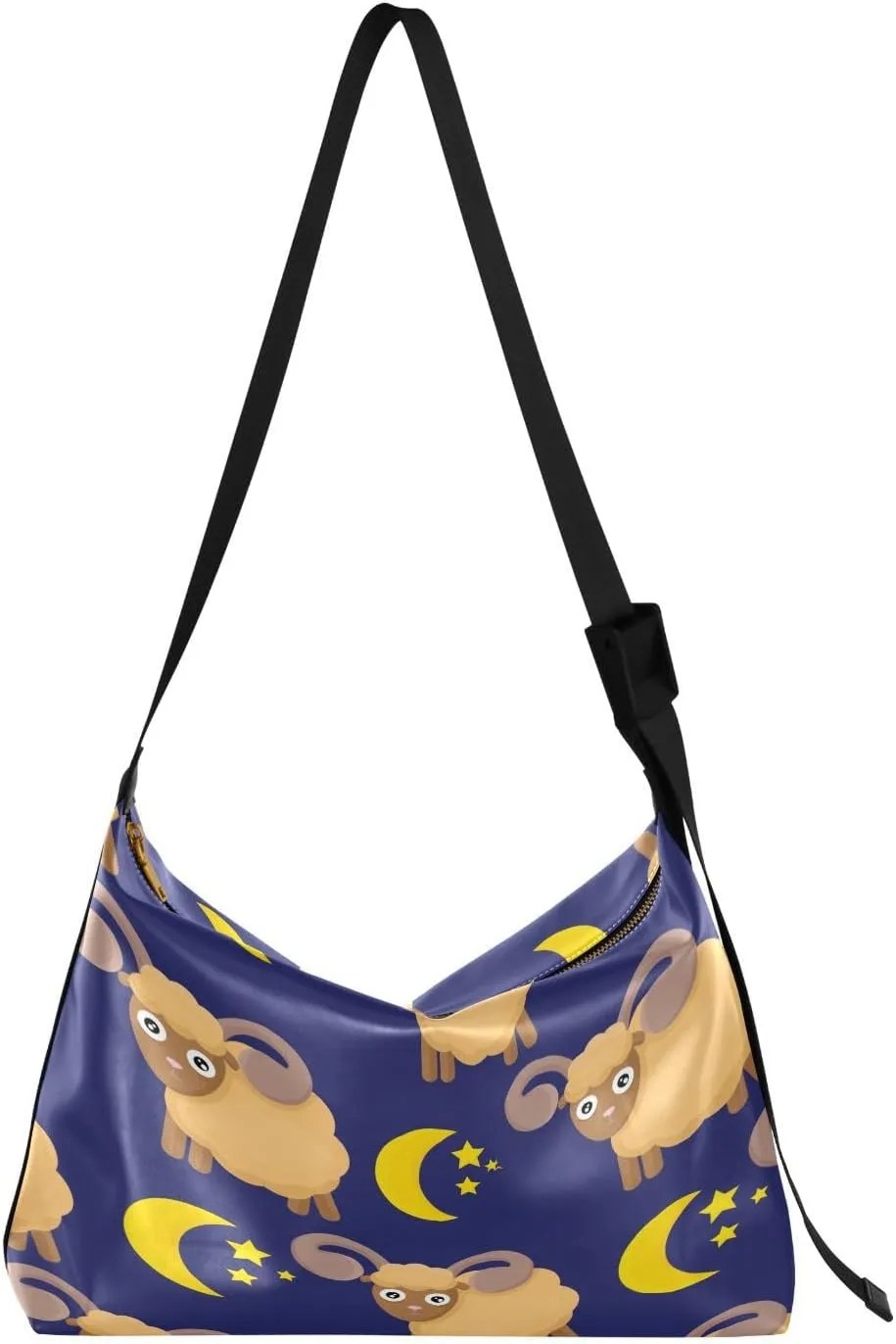Cute Lamb and The Month Stars Hobo Crossbody Bags for Women Leather Large Shoulder Bag Cross Body Trendy Womens Tote Bags Handbag for Travel Shopping
