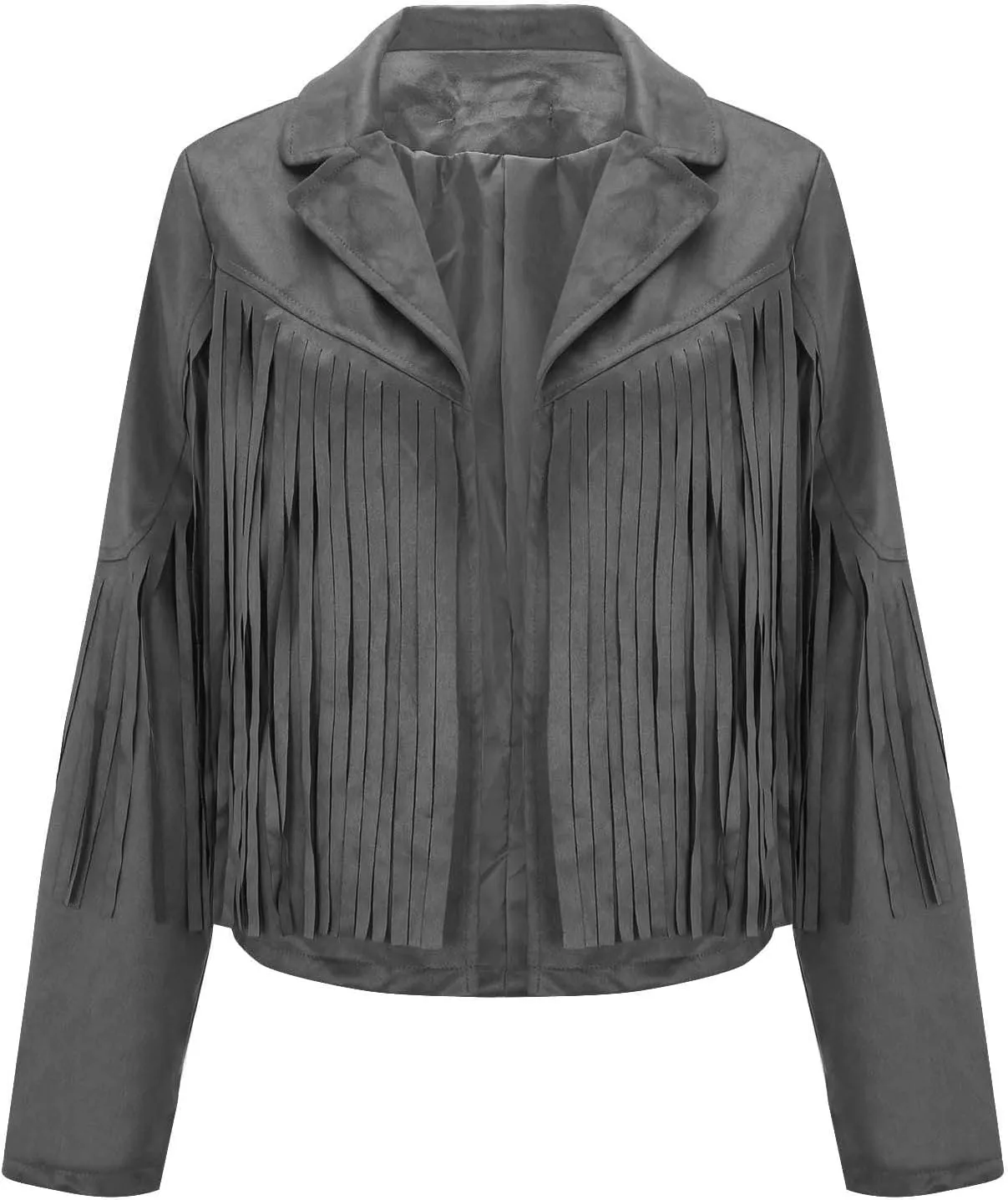 Dademeo Fringe Cropped Jacket Womens Stylish Faux Suede Leather Lapel Cowboy Style Outwear Long Sleeve Tassels Cardigan Coat