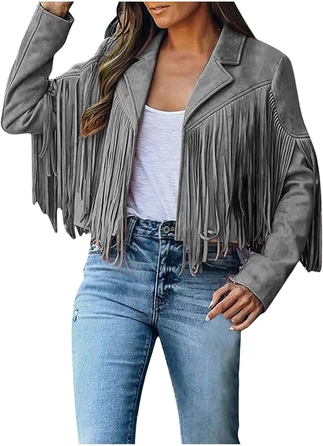 Dademeo Fringe Cropped Jacket Womens Stylish Faux Suede Leather Lapel Cowboy Style Outwear Long Sleeve Tassels Cardigan Coat