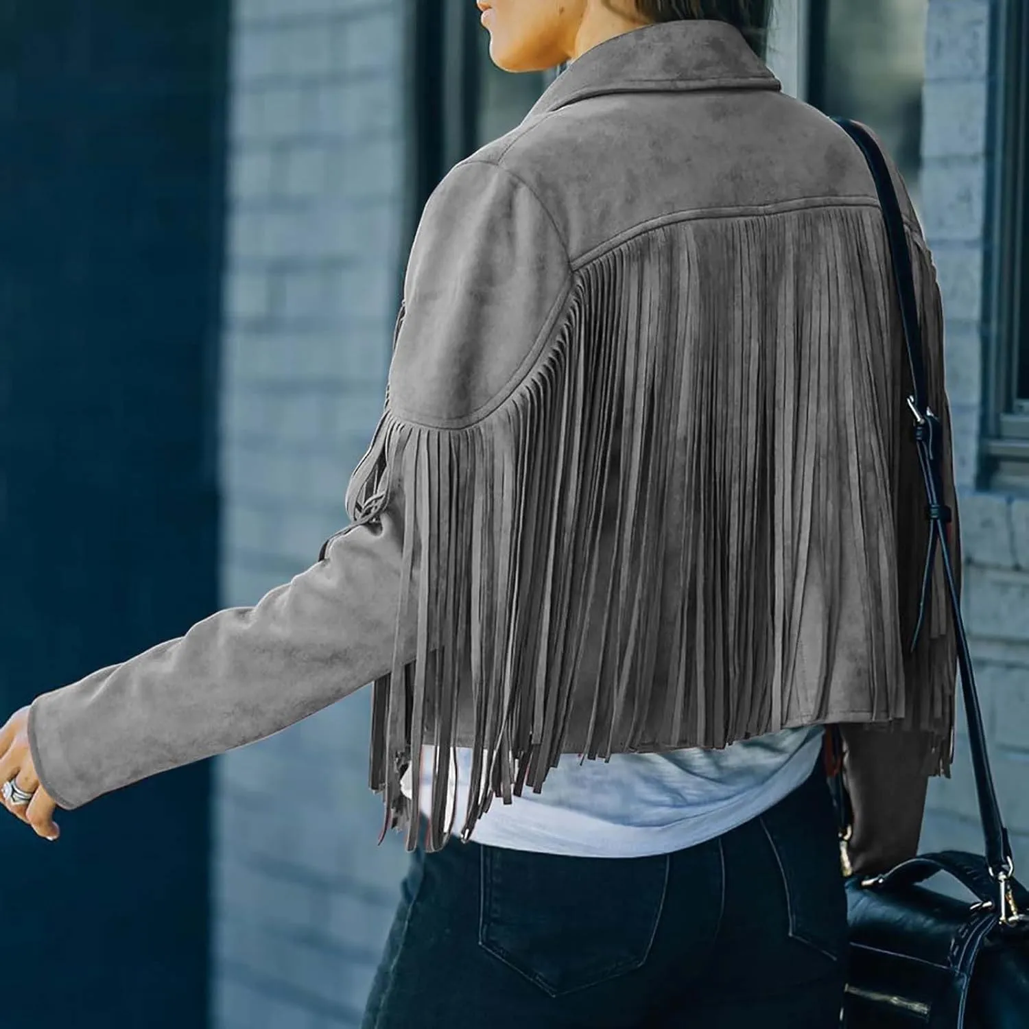 Dademeo Fringe Cropped Jacket Womens Stylish Faux Suede Leather Lapel Cowboy Style Outwear Long Sleeve Tassels Cardigan Coat