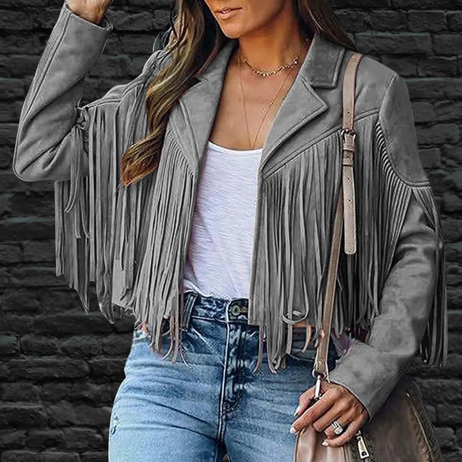 Dademeo Fringe Cropped Jacket Womens Stylish Faux Suede Leather Lapel Cowboy Style Outwear Long Sleeve Tassels Cardigan Coat