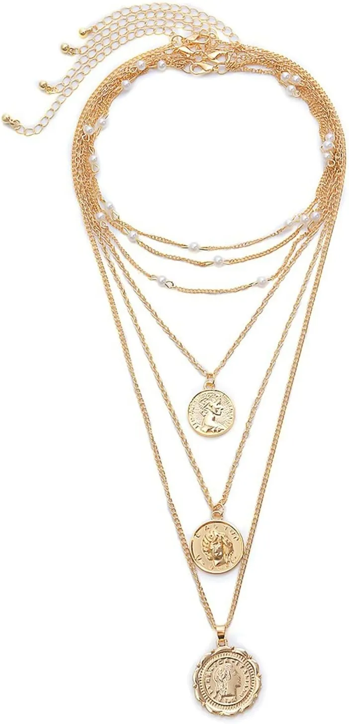 Dainty Layered Necklaces for Women, Coin Imitation Pearl 6 Layered Gold Choker Women
