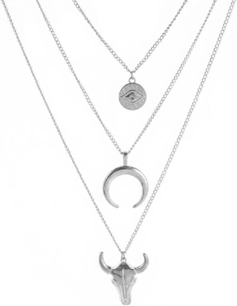 DATOA Vintage Western Layered Necklaces Cow Pendant Evil Eye Bull Head Crescent Moon Layered Necklace Boho Cowboy Cowgirl Geometric Pendant Chain Necklace Fashion Jewelry for Women