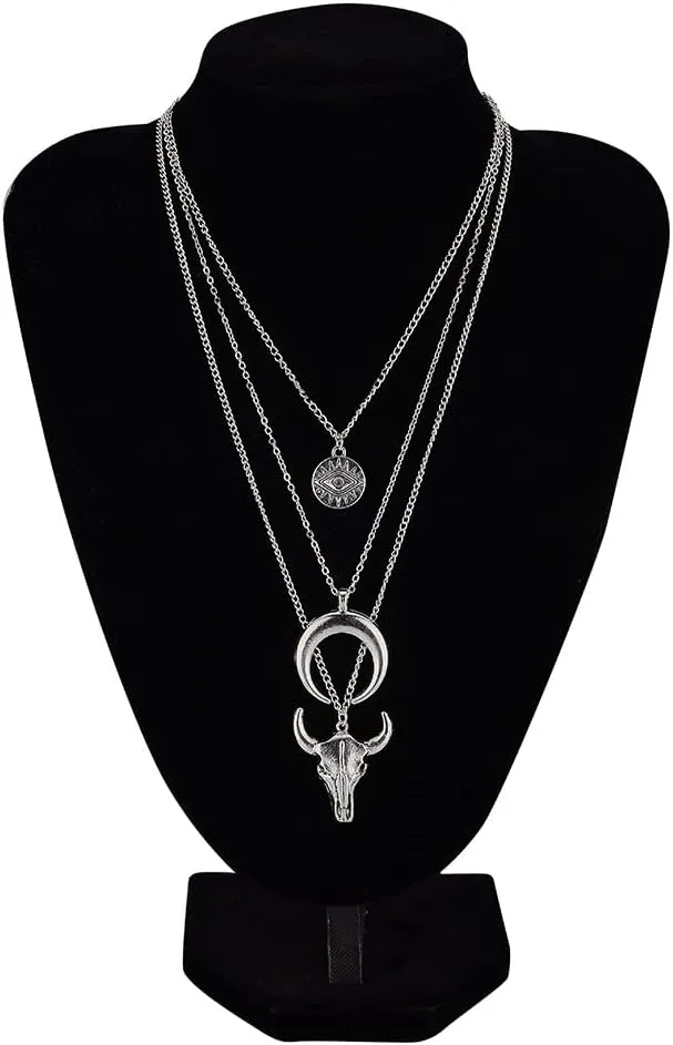 DATOA Vintage Western Layered Necklaces Cow Pendant Evil Eye Bull Head Crescent Moon Layered Necklace Boho Cowboy Cowgirl Geometric Pendant Chain Necklace Fashion Jewelry for Women