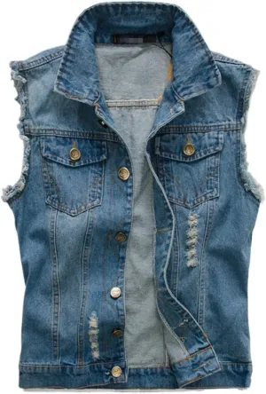 Denim Vest for Men Casual Sleeveless Button Down Denim Jacket Lapel Vintage Trucker Jeans Vests