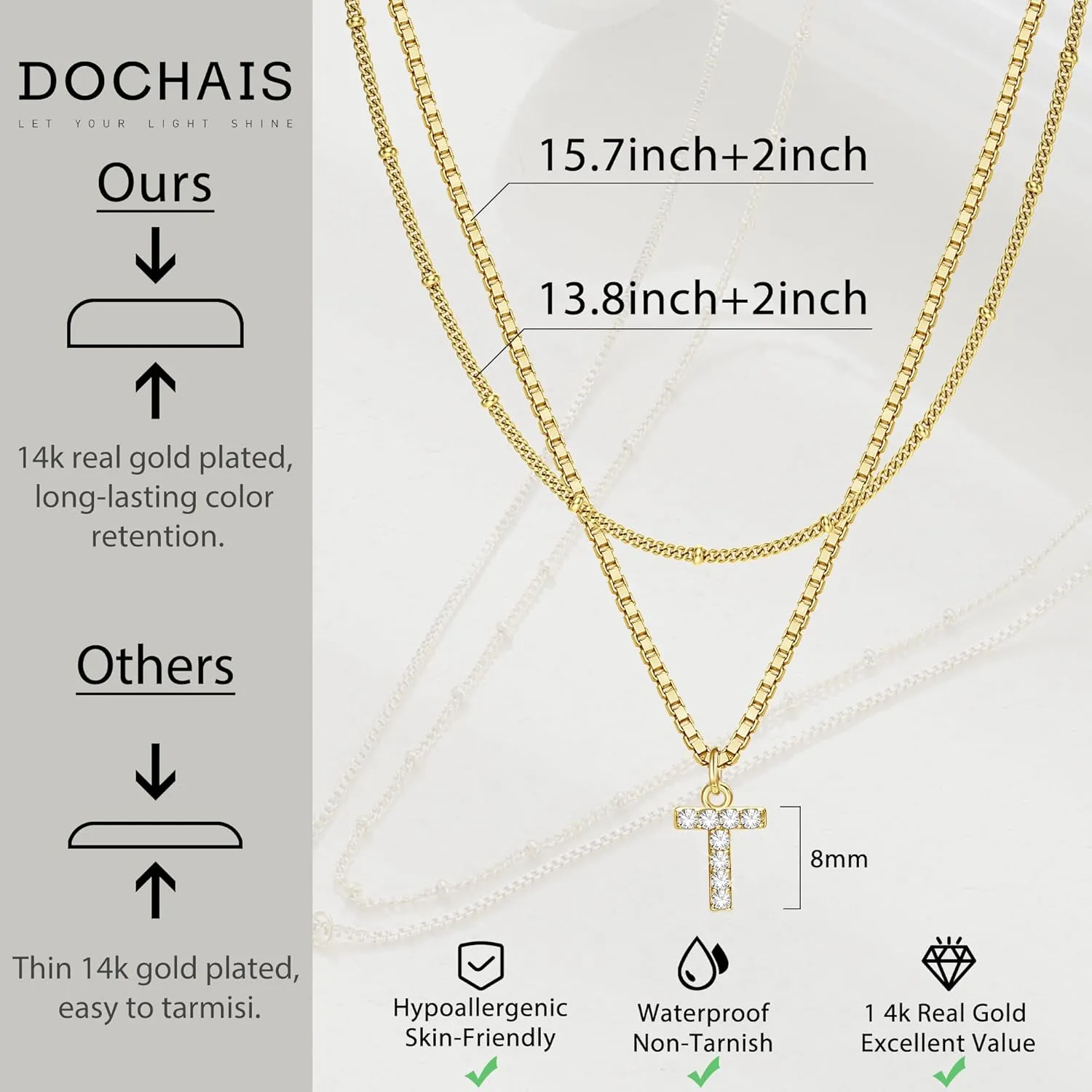 Dochais Initial Necklaces for Women Layered Initial Necklace 14K Gold Plated Letter Necklace Tiny Initial A-Z Pendant Necklace Personalized Layered Gold Initial Necklaces Gifts Jewelry