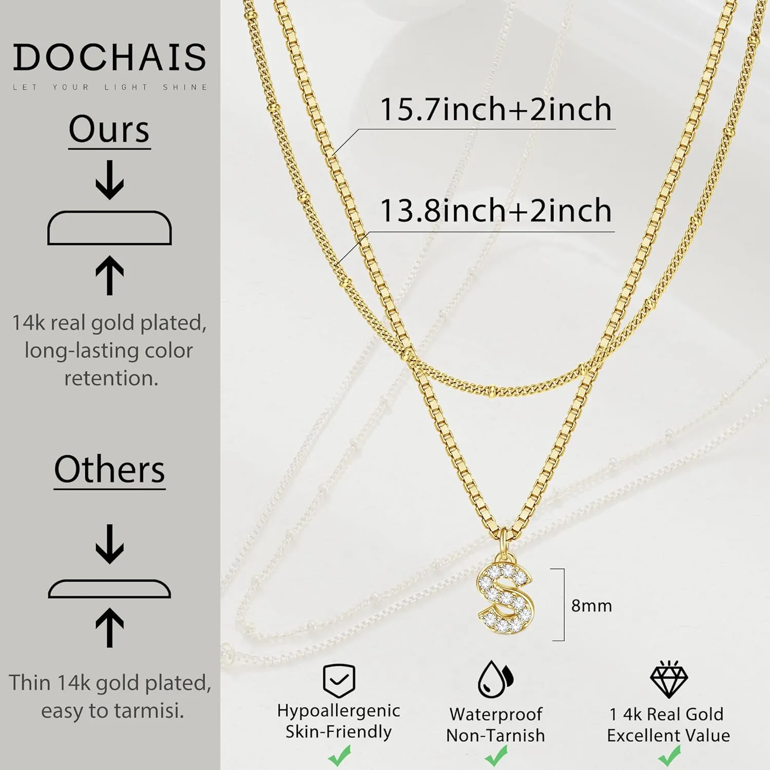 Dochais Initial Necklaces for Women Layered Initial Necklace 14K Gold Plated Letter Necklace Tiny Initial A-Z Pendant Necklace Personalized Layered Gold Initial Necklaces Gifts Jewelry