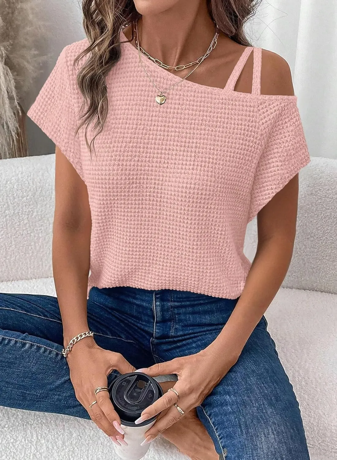 Dokotoo Womens Summer Tops Off One Shoulder Waffle Knit Short Sleeve T-Shirts Casual Lightweight Solid Color Blouses
