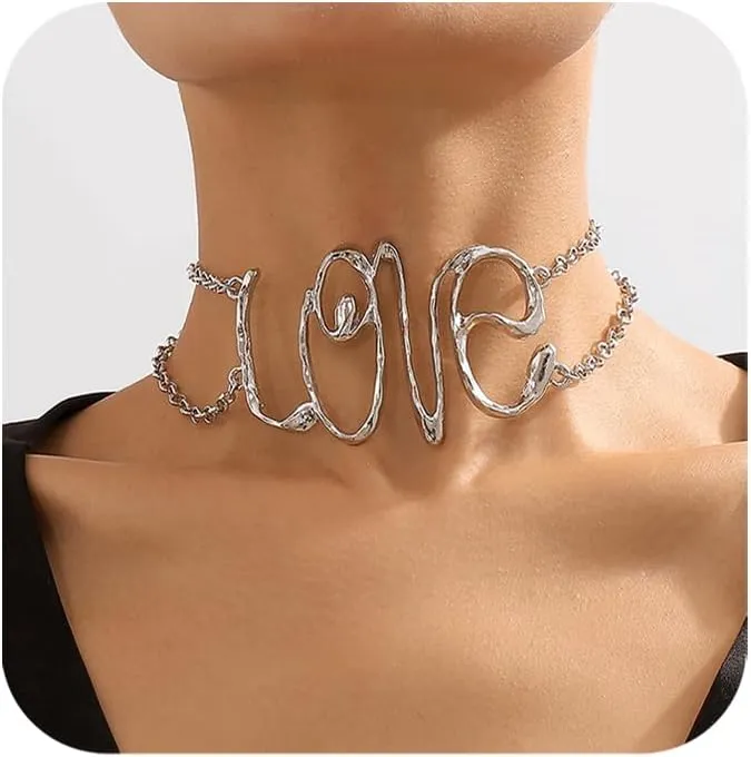 eartif Love Choker Layered Boho Necklaces for Women Exaggerated Hollow Letter Collar Statement Necklace Personality Chunky Gold Necklaces Jewelry