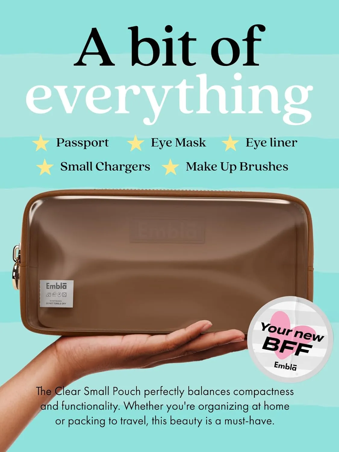 Embla Clear Cosmetic Bag Makeup Case, Clear Zipper Make Up Pouch and Toiletry Travel Tote, Cute Skincare Pouches for Women Girls, Preppy Purse Cosmetic Organizer, Small Makeup Bags, Chocolate