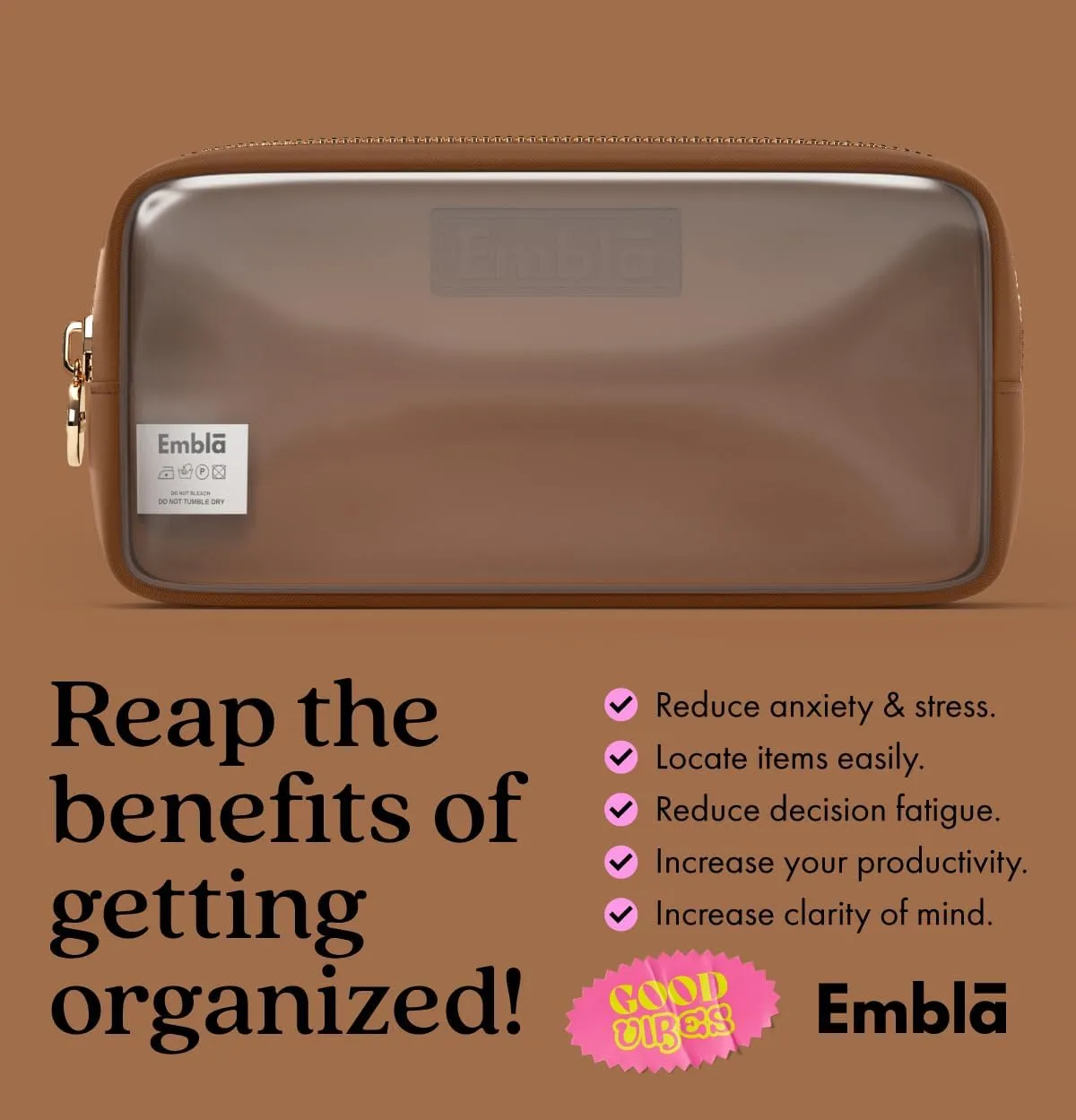 Embla Clear Cosmetic Bag Makeup Case, Clear Zipper Make Up Pouch and Toiletry Travel Tote, Cute Skincare Pouches for Women Girls, Preppy Purse Cosmetic Organizer, Small Makeup Bags, Chocolate