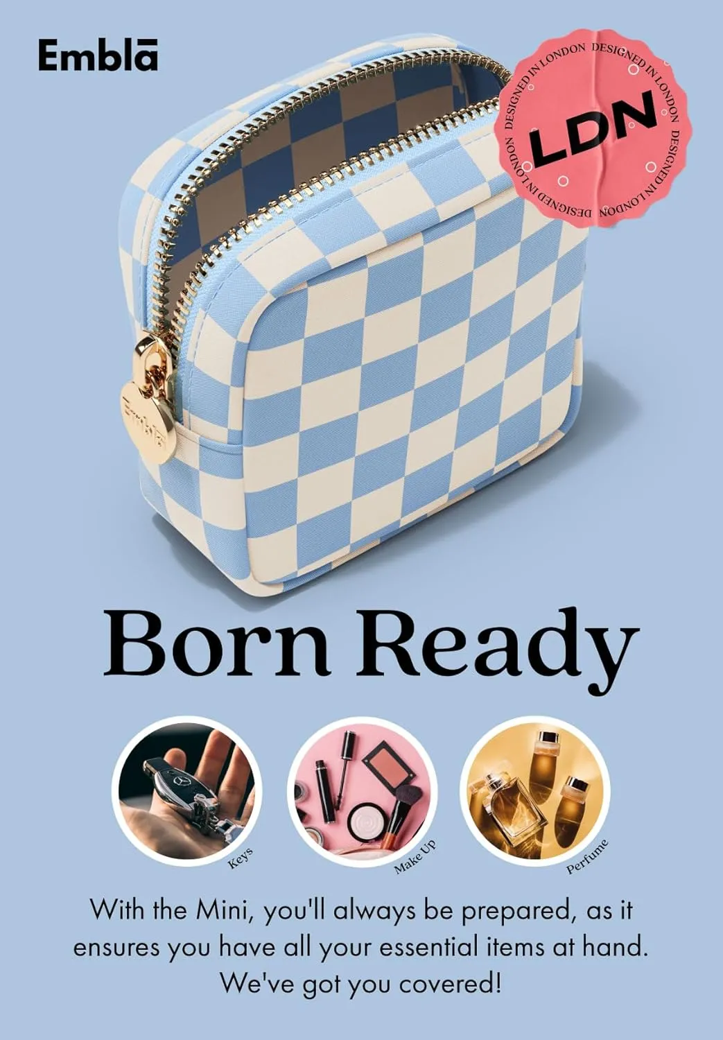 Embla Makeup Bag Travel Cosmetic Bag, Toiletry Bag, Cute Makeup Organizer, Nylon Zipper Pouch Purse Storage Bag Cosmetics Organizer, Womens Make Up Bag Mini Makeup Bags (Sky Checkered)