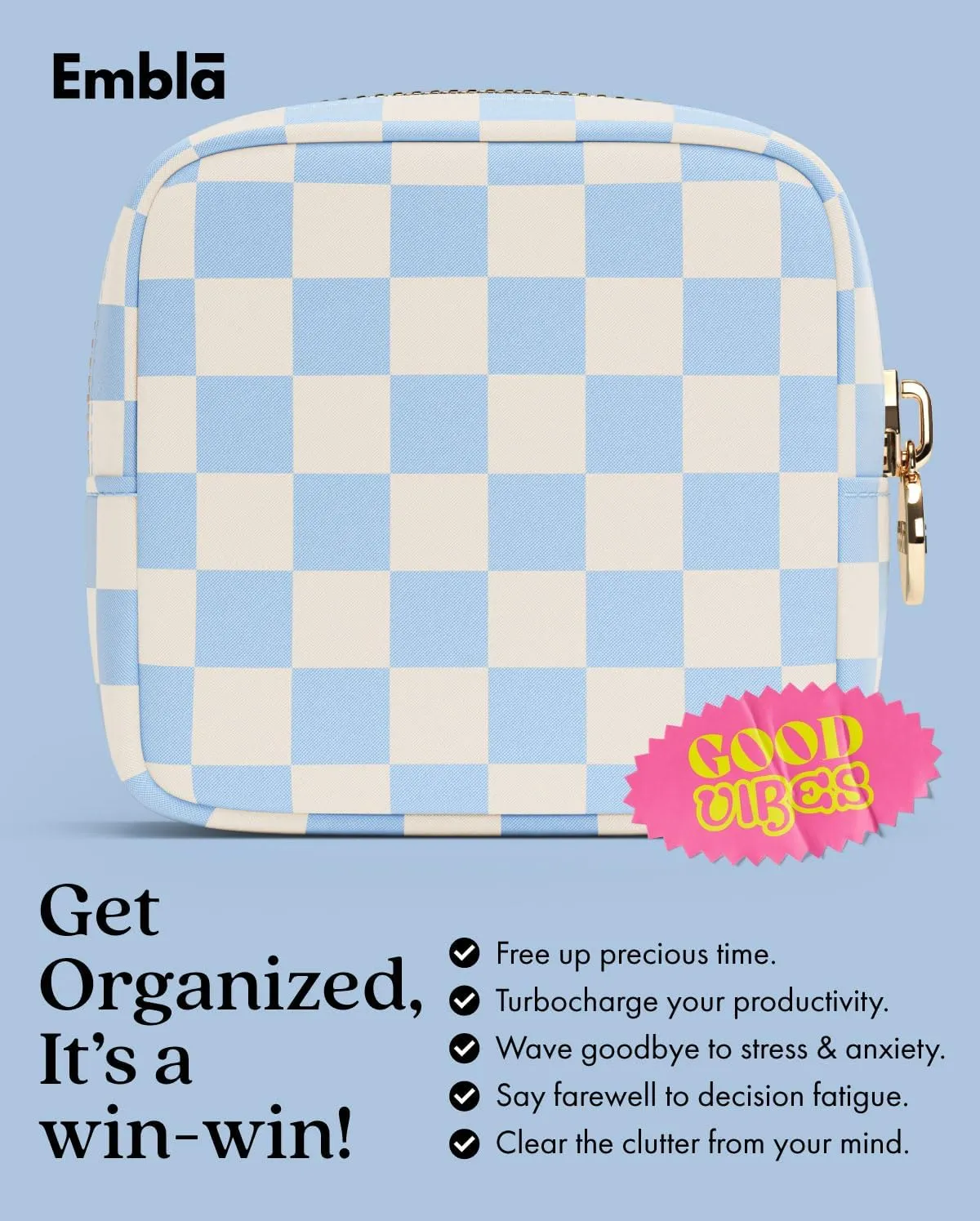 Embla Makeup Bag Travel Cosmetic Bag, Toiletry Bag, Cute Makeup Organizer, Nylon Zipper Pouch Purse Storage Bag Cosmetics Organizer, Womens Make Up Bag Mini Makeup Bags (Sky Checkered)