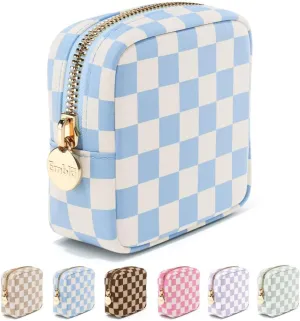 Embla Makeup Bag Travel Cosmetic Bag, Toiletry Bag, Cute Makeup Organizer, Nylon Zipper Pouch Purse Storage Bag Cosmetics Organizer, Womens Make Up Bag Mini Makeup Bags (Sky Checkered)