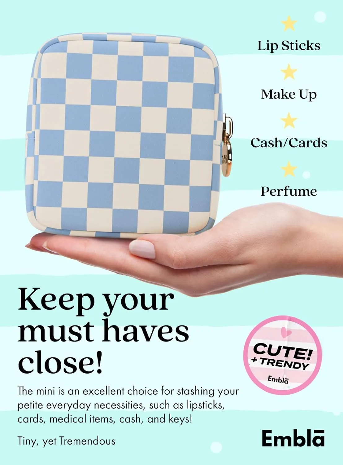 Embla Makeup Bag Travel Cosmetic Bag, Toiletry Bag, Cute Makeup Organizer, Nylon Zipper Pouch Purse Storage Bag Cosmetics Organizer, Womens Make Up Bag Mini Makeup Bags (Sky Checkered)
