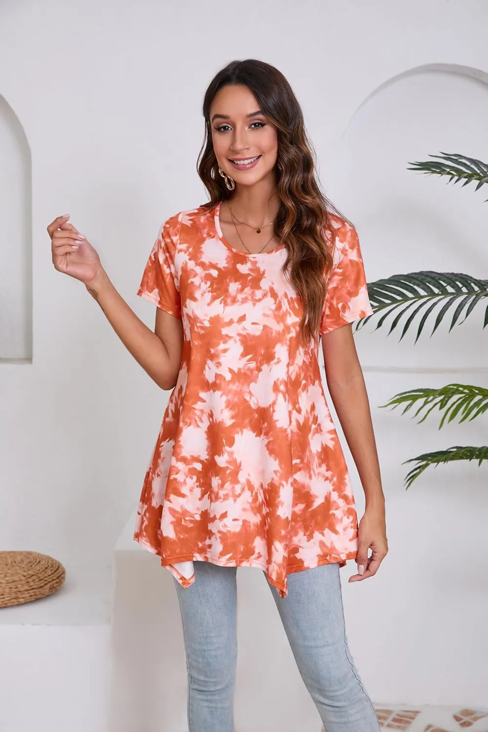 ENMAIN Tunic Tops for Women Plus Size Short Sleeve Top Loose Fit Dressy Casual Swing Summer Tunics Tops to Wear with Leggings