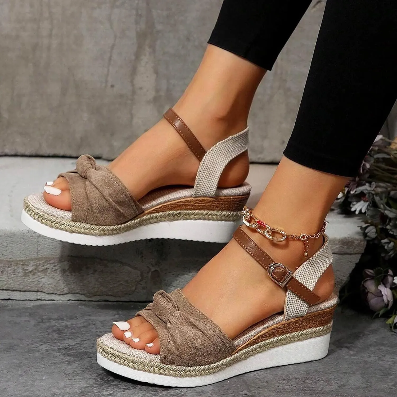 Espadrilles Wedge Sandals for Women,Open Toe Ankle Strap Wedge Heels Sandals Dressy Summer Platform Comfortable Walking Shoes Casual Slip on flip-Flops for Beach