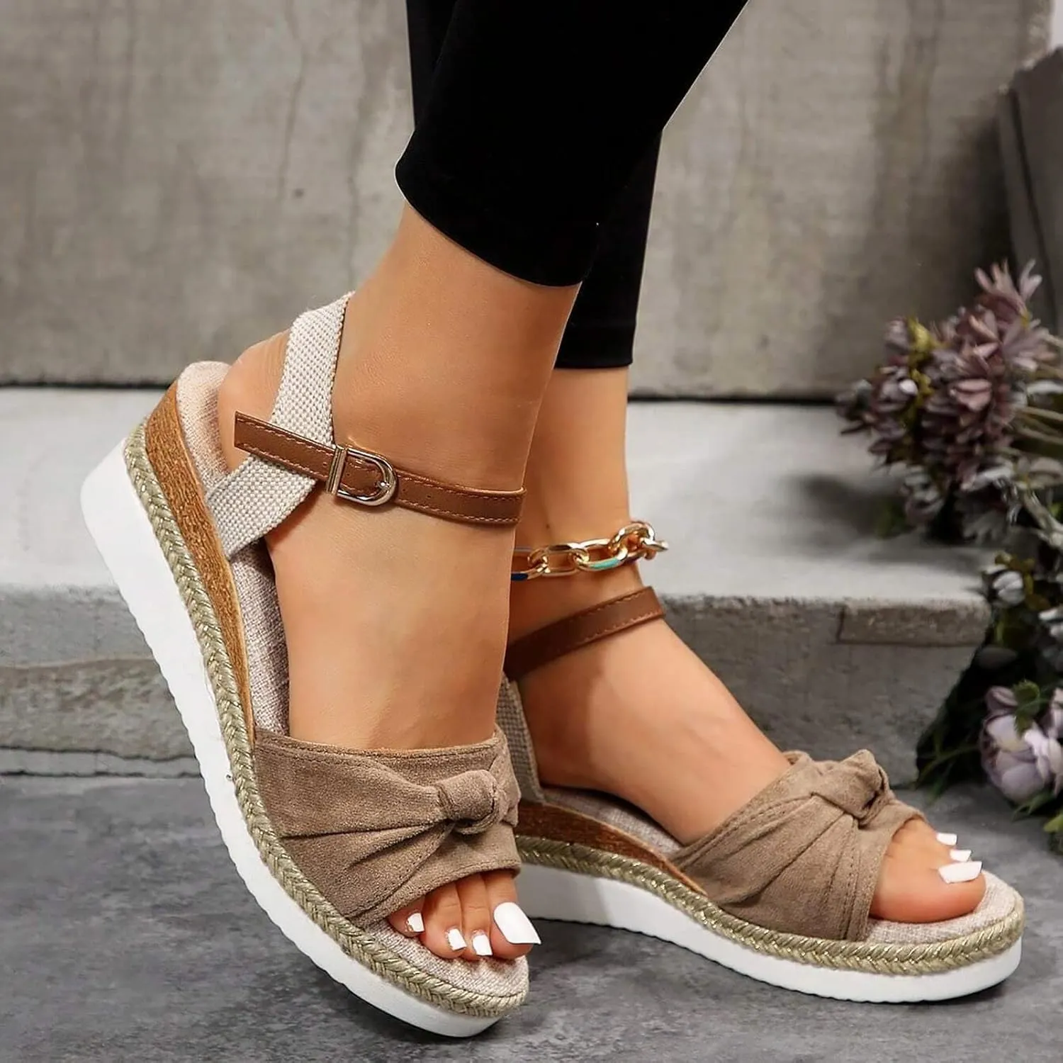 Espadrilles Wedge Sandals for Women,Open Toe Ankle Strap Wedge Heels Sandals Dressy Summer Platform Comfortable Walking Shoes Casual Slip on flip-Flops for Beach
