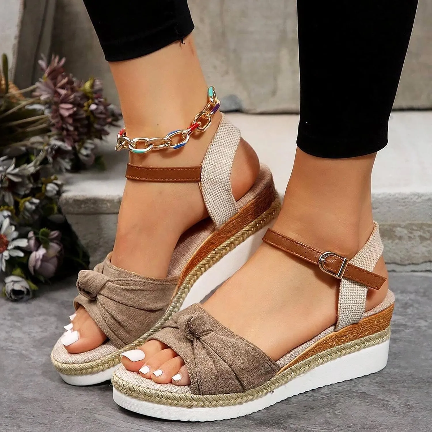 Espadrilles Wedge Sandals for Women,Open Toe Ankle Strap Wedge Heels Sandals Dressy Summer Platform Comfortable Walking Shoes Casual Slip on flip-Flops for Beach