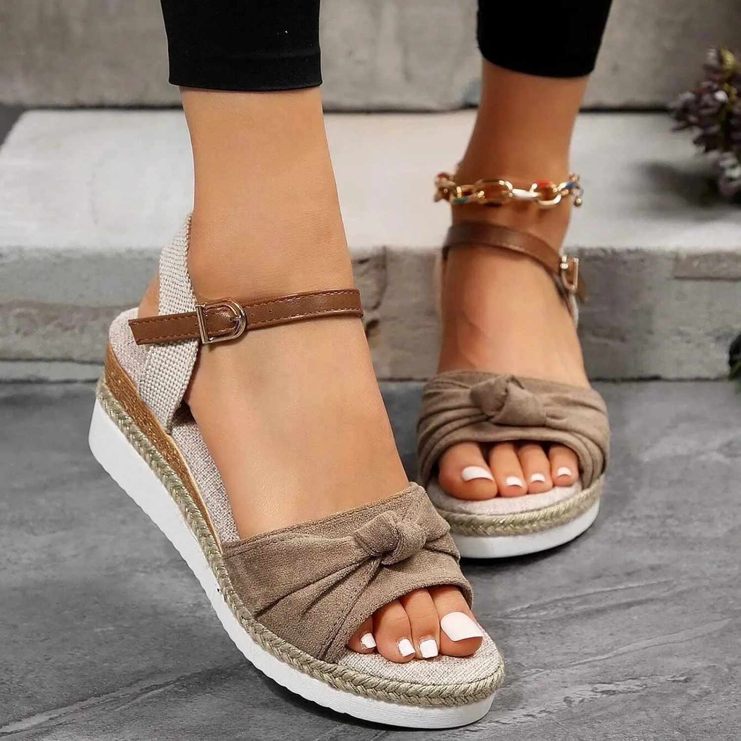 Espadrilles Wedge Sandals for Women,Open Toe Ankle Strap Wedge Heels Sandals Dressy Summer Platform Comfortable Walking Shoes Casual Slip on flip-Flops for Beach