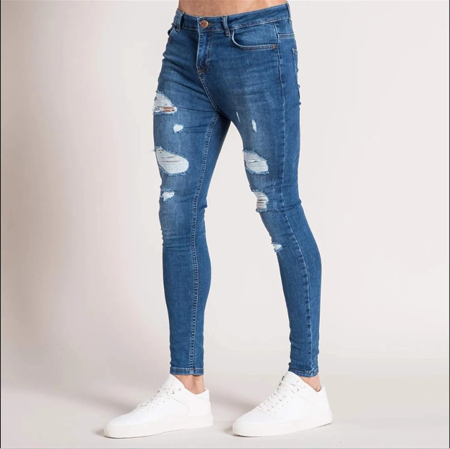 evzosrz Mens Ripped Skinny Jeans Stretchy Slim Fit Stretch Distressed Moto Biker Jeans Hip hop Tapered Leg Pants for Men