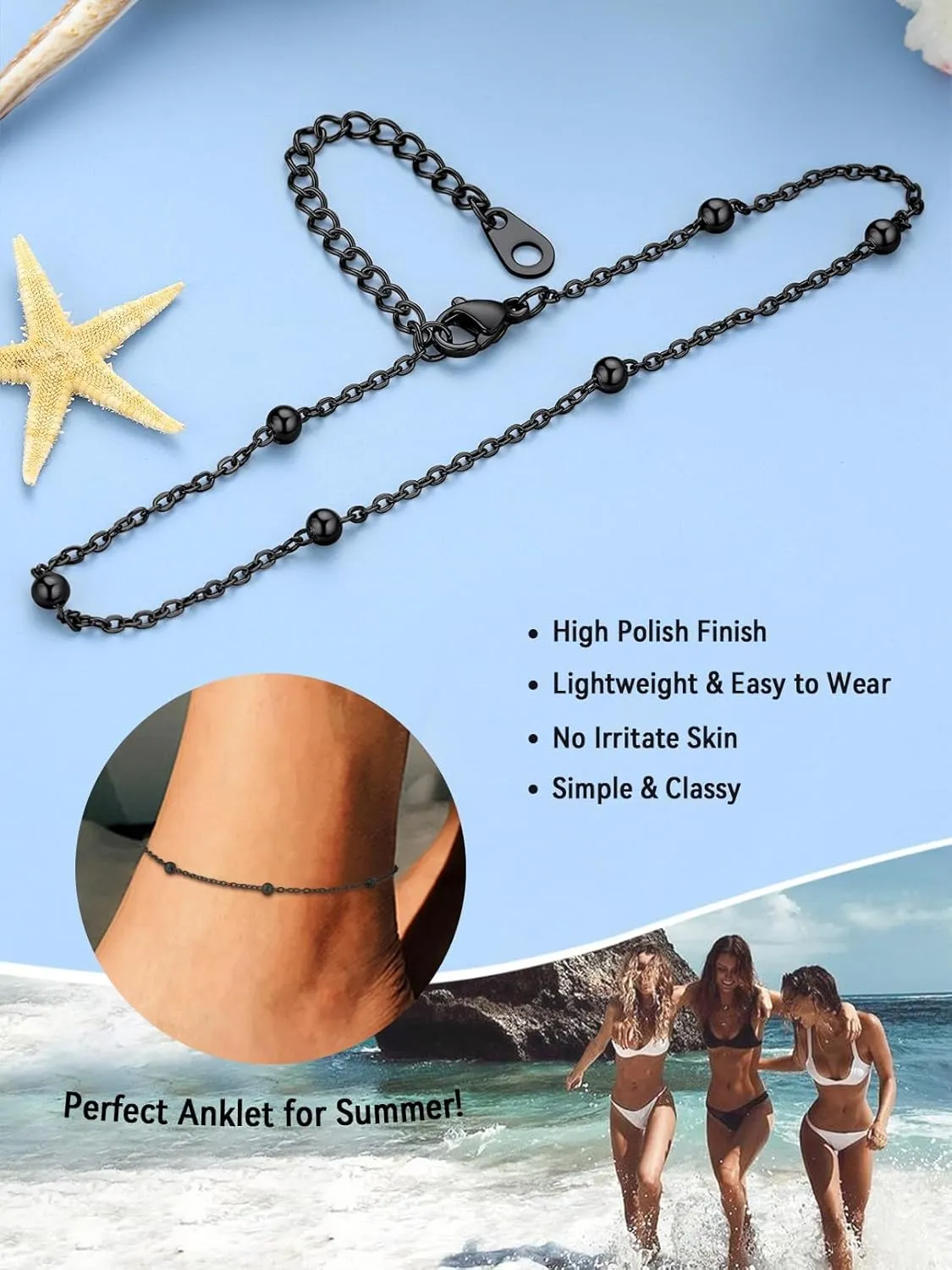 FaithHeart Ankle Bracelets for Women Silver Anklets for Women Waterproof Stainless Steel Miami Cuban Link/Beaded/Figaro Anklets Adjustable Length Summer Beach Foot Jewelry with Gift Box