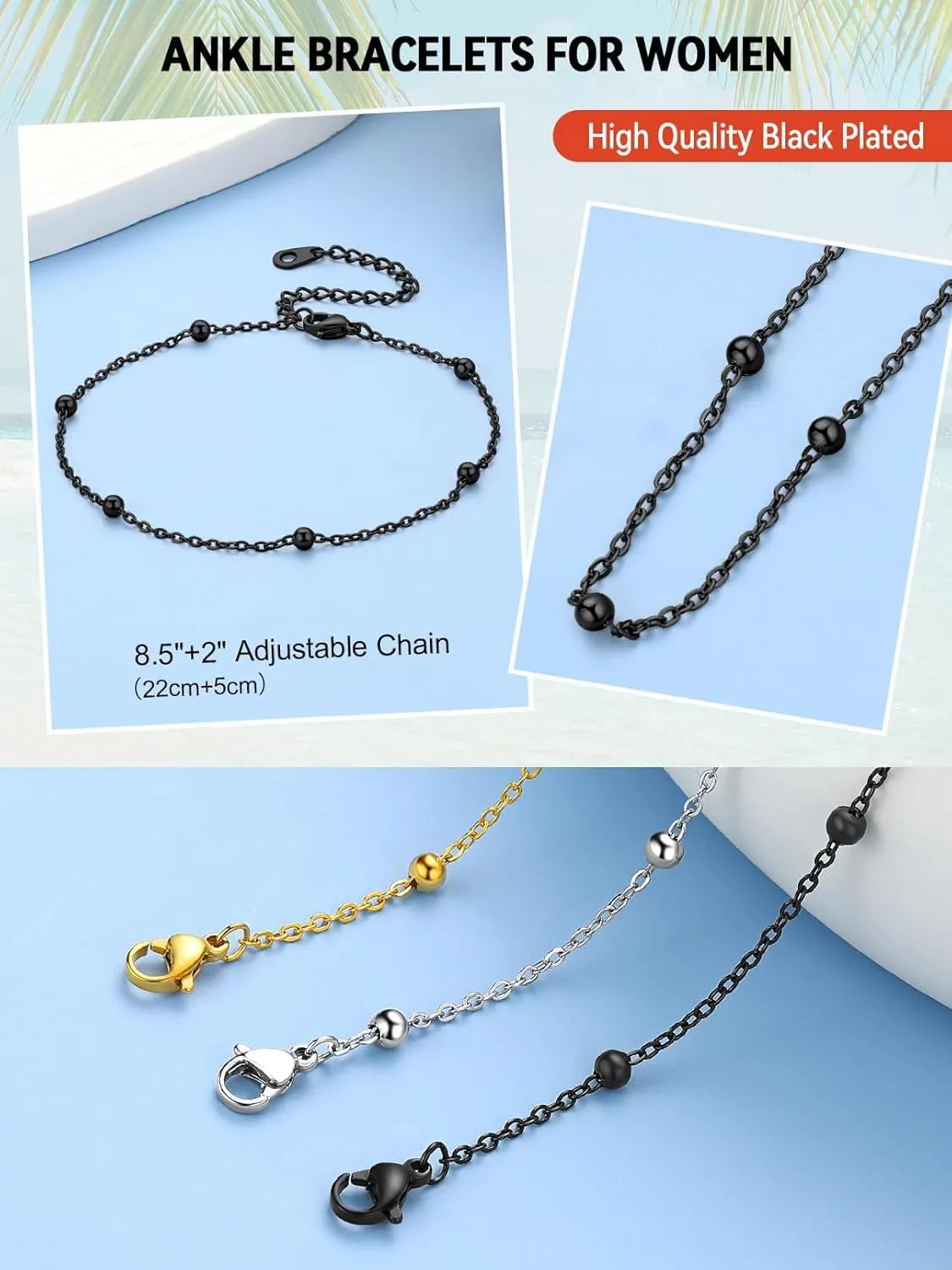FaithHeart Ankle Bracelets for Women Silver Anklets for Women Waterproof Stainless Steel Miami Cuban Link/Beaded/Figaro Anklets Adjustable Length Summer Beach Foot Jewelry with Gift Box