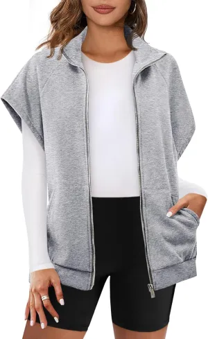 Fisoew Womens Oversized Zip Up Sweatshirts Warm Fleece Vests Fall Casual Sleeveless Jackets with Pockets