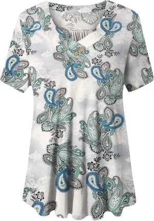 FOLUNSI Womens Plus Size Short Sleeve Henley Shirt V Neck Floral Blouses Tunic Tops M-4XL
